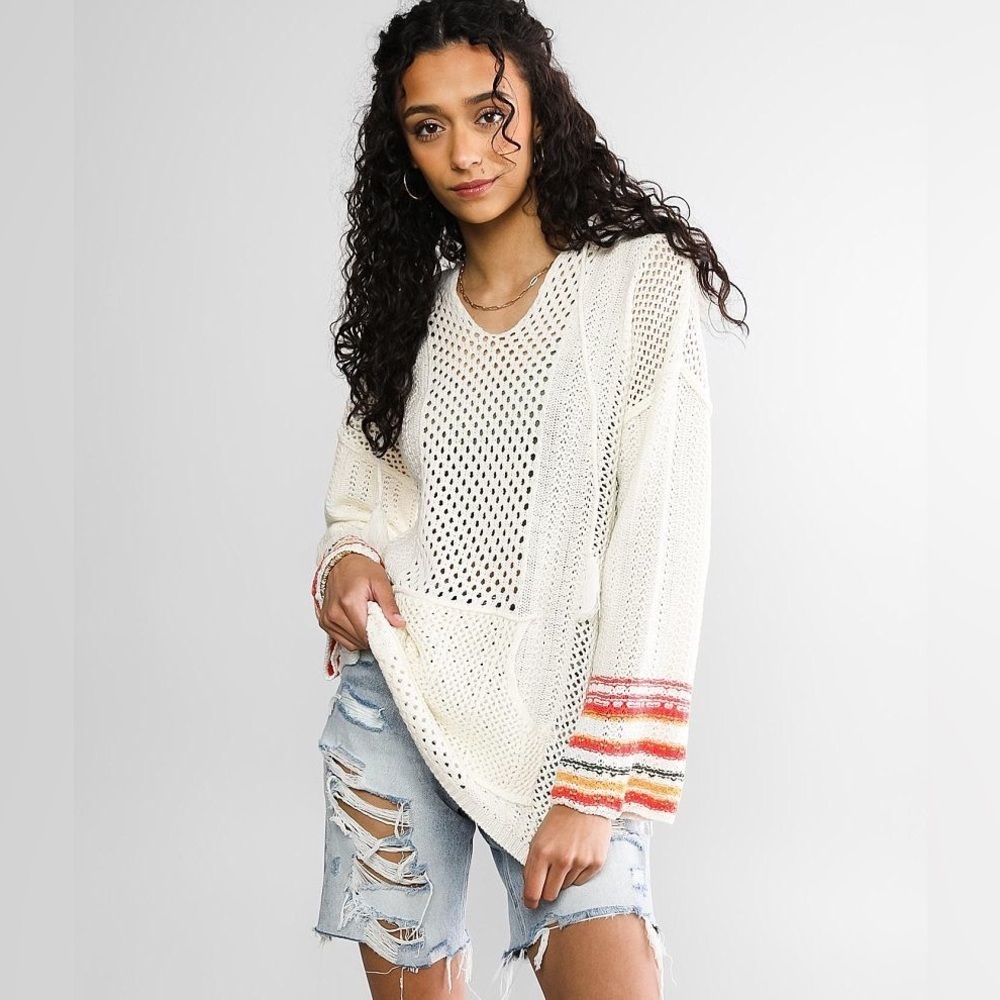 BKE Pointelle Hooded Sweater White Long Sleeve Beach Boho Med